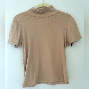 Mock Neck ribbed short sleeved Tan Top size Large